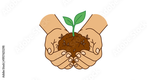 Hands cradling a seedling growing from rich dark soil