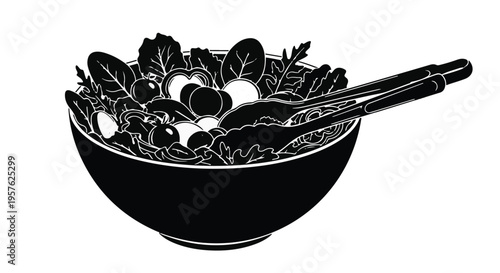 Healthy fresh salad bowl silhouette with tongs isolated on white background for vegan and organic food concepts