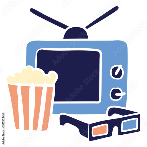 Cartoon image of a tv with popcorn and 3d glasses