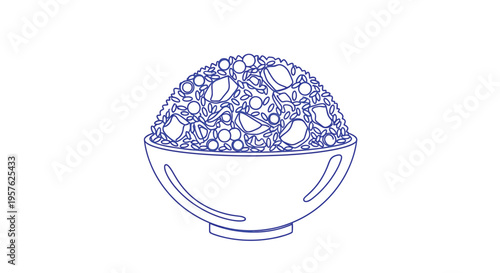 A blue line drawing depicts a bowl overflowing with various circular objects high quality professional detailed