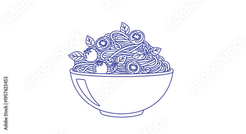 A minimalist line drawing depicts a bowl overflowing with spaghetti and cherry tomatoes high quality professional
