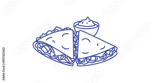 A simple line drawing depicts two quesadillas with a small dipping sauce container high quality professional