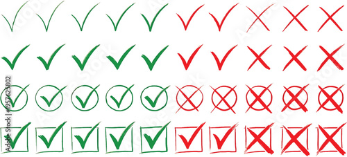 Check tick mark icon set. Cross box x check mark checkbox v list vector draw hand drawn sketch doodle Vector Illustration. Red, Green, Black color