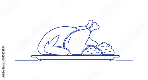 A simple blue line drawing depicts a roasted turkey on a platter with stuffing high quality