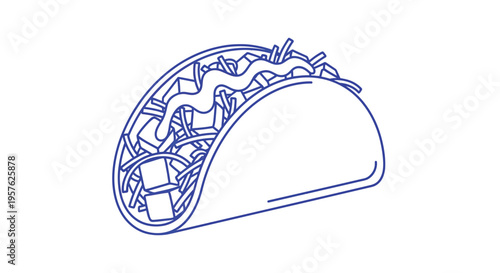 A simple blue line drawing depicts a fully loaded taco with visible fillings high quality professional