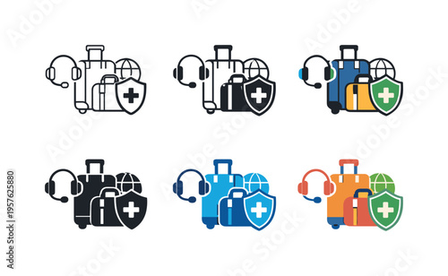 Travel insurance and support icons with luggage, globe, shield, and headset
