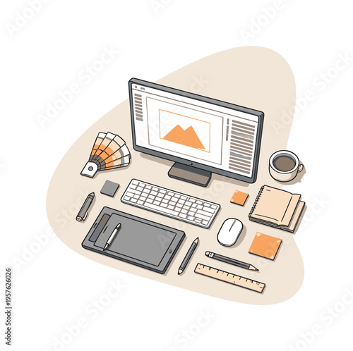 Calm graphic design workstation concept with screen and tools slightly angled for balance shown from above, arranged in the right