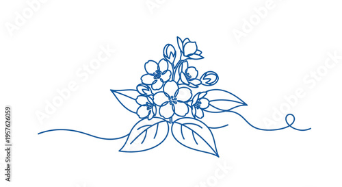 Delicate blue line art depicts a blossoming jasmine flower with leaves and swirling accents high quality