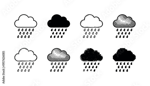 Collection of eight diverse rain cloud icons in various artistic styles and textures