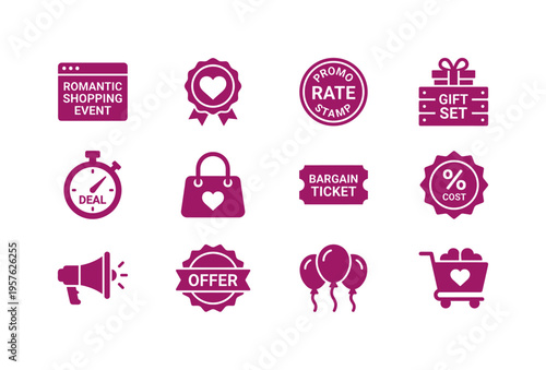 Romantic shopping event panel with heart badge, promo rate circle stamp, gift set discount crate, ticking deal timer mark, retail