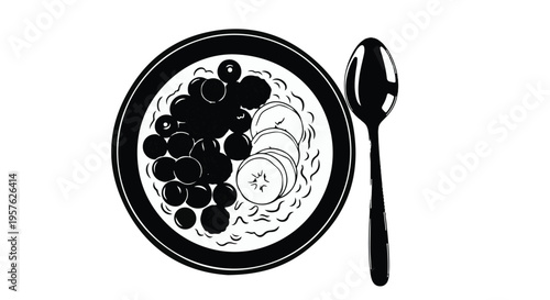 Healthy breakfast bowl with oatmeal and berries on plate with spoon, simple black and white illustration for food concept