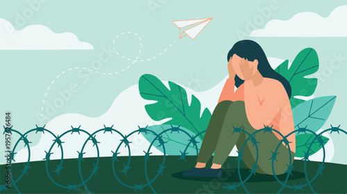 Distressed woman behind barbed wire longing for freedom, mental health concept