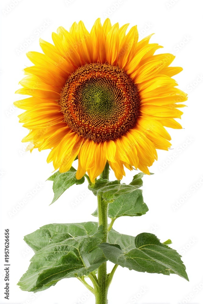 Obraz premium Vibrant sunflower with green stem and leaves isolated on white background