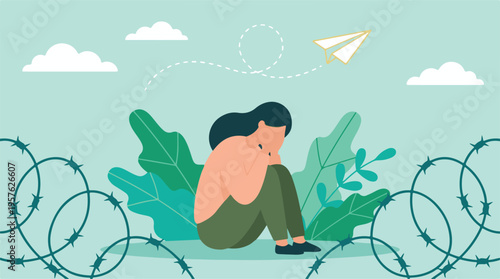 Woman sitting, head in hands, surrounded by barbed wire, seeking escape