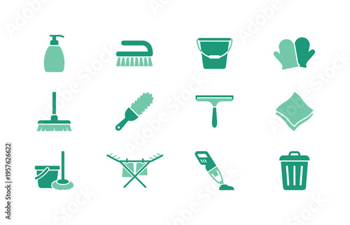 All purpose cleaner bottle, scouring pad block, rinse bucket container, cleaning apron gloves, straw broom brush, handheld vacuum