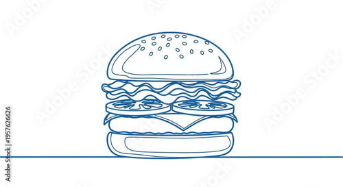 A simple line drawing depicts a classic cheeseburger with visible layers of ingredients high quality professional
