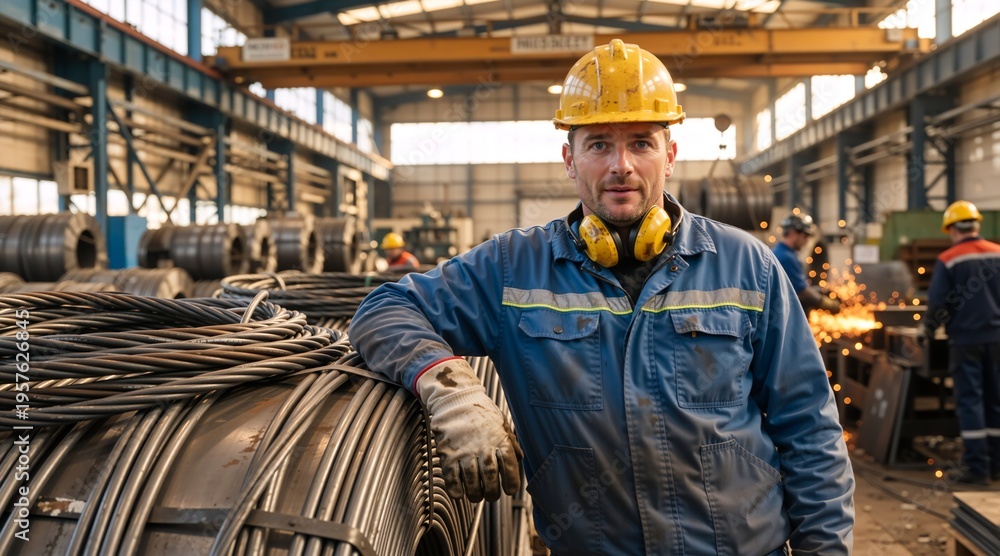 Obraz premium Confident industrial worker leaning on steel wire coils in a factory. Male manufacturing plant employee in yellow hard hat and blue uniform