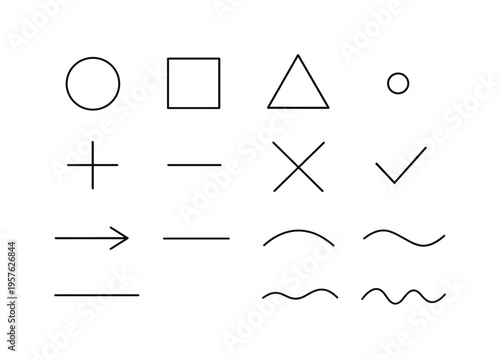 Line style vector icons of Minimal symbol icons: circle, square, triangle, dot; plus, minus, cross, check; arrow, line, curve,