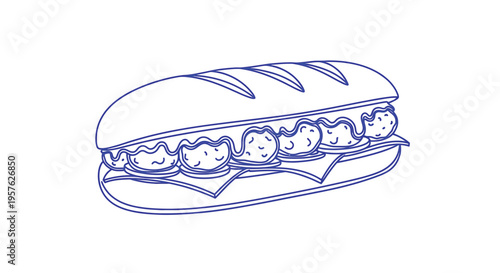 A simple blue line drawing depicts a long sandwich with meatball filling and cheese high quality