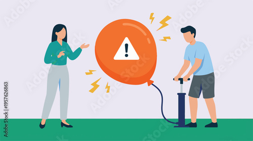 Man inflating balloon with warning sign, representing risk, pressure, and caution