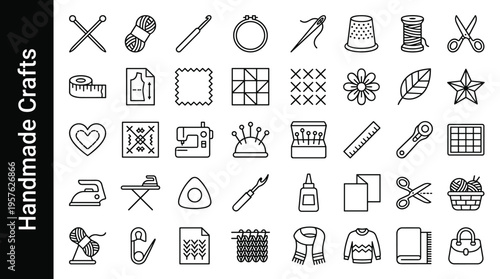 Collection of handmade crafts and sewing icons in a clean line art style