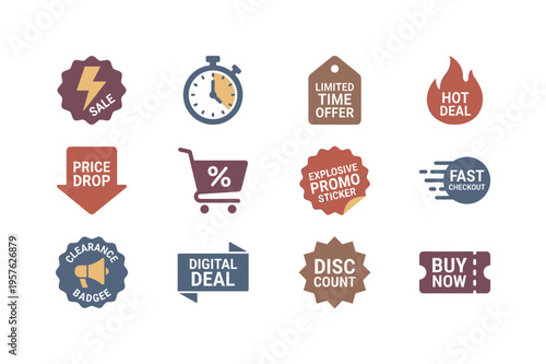 Lightning bolt sale badge, countdown timer clock, limited time offer tag, hot deal flame icon, price drop arrow label, shopping