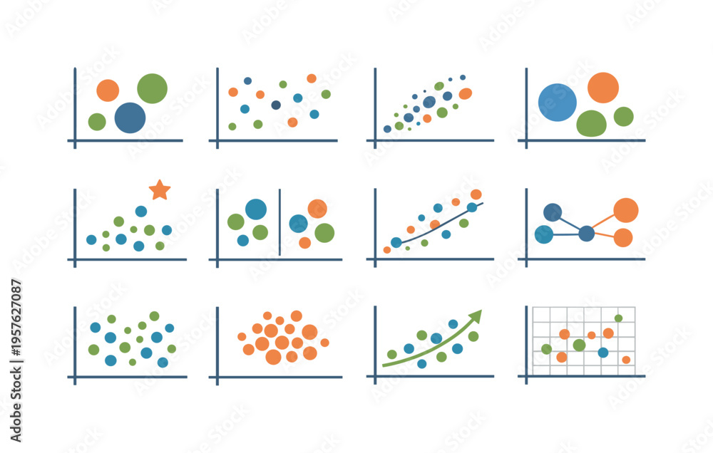 Obraz premium Flat vector icons of data visualization scatter and bubble charts: varying bubble size, data dispersion, scatter plot, bubble