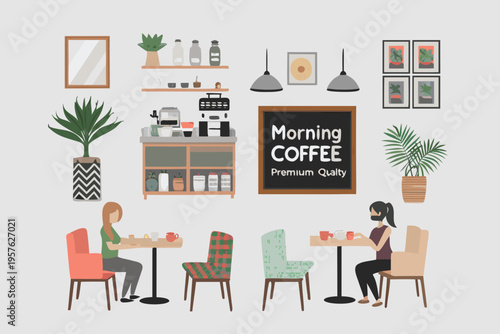 A cozy cafe interior scene with people enjoying coffee and pastries