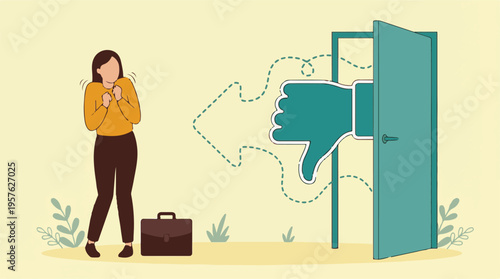 Nervous businesswoman facing rejection, fear of professional failure concept