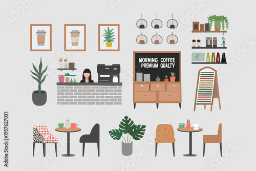 Stylized illustration of a modern coffee shop interior with seating areas