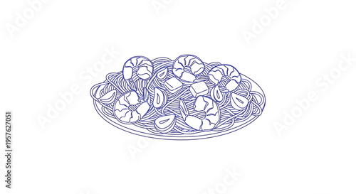 A blue line drawing depicts a plate of pasta with shrimp and cubed tofu high quality