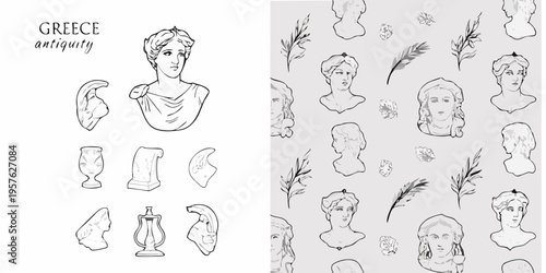 Ancient greek busts and botanical elements on a patterned background