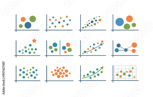 Flat vector icons of data visualization scatter and bubble charts: varying bubble size, data dispersion, scatter plot, bubble