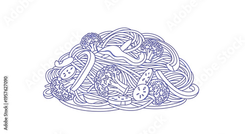 A minimalist blue line drawing depicts a colorful pasta dish with broccoli and lemon high quality