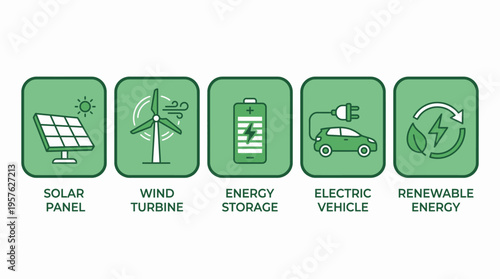 Renewable Energy Icons Set Solar Wind ESG Flat Design