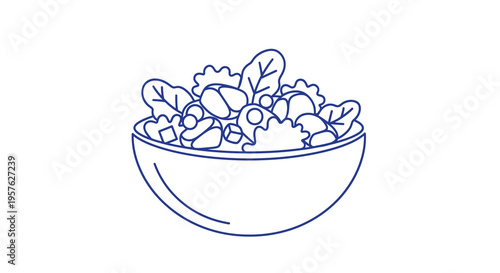 A simple line drawing depicts a bowl filled with leafy green vegetables and bits high quality