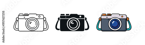 Wanderlust scene showing a compact travel camera with lens and strap loop facing forward, same silhouette arranged side by side