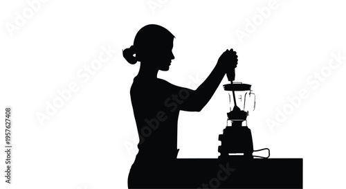 Woman using blender silhouette for healthy smoothie or juice preparation isolated on white background