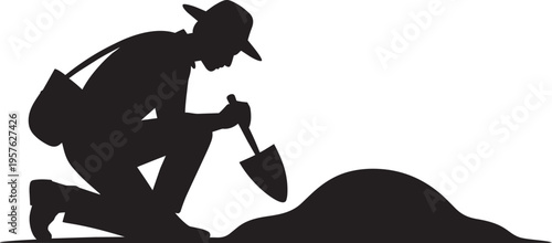 Silhouette Of Archaeologist Digging With Shovel And Bag