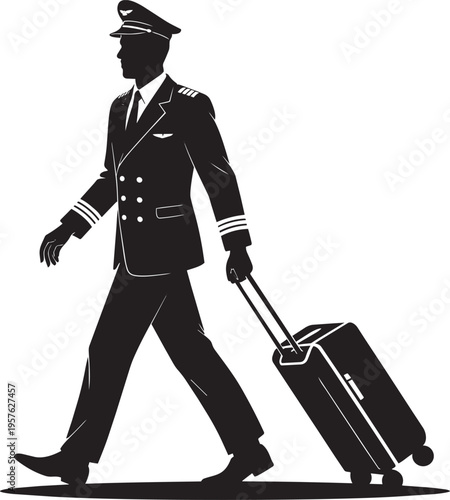 Silhouette Of A Pilot Walking With A Suitcase And Trolley