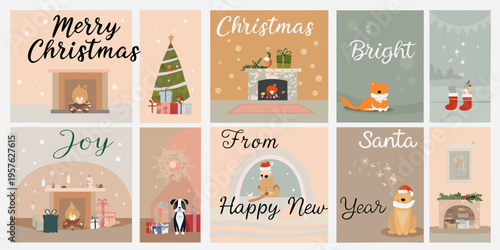Festive christmas and new year card collection with cozy winter scenes