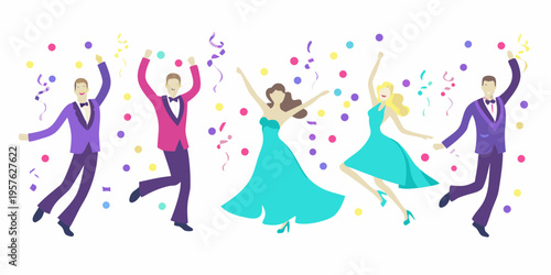 Celebration with people jumping joyfully amid colorful confetti and streamers