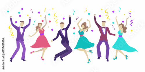 Celebratory figures jumping with confetti enjoying a festive occasion