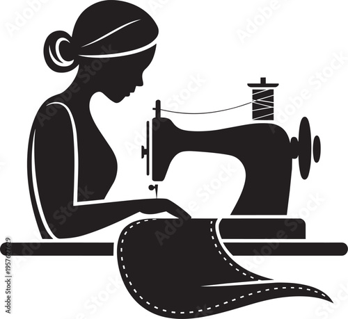 Woman Sewing On A Vintage Sewing Machine With Thread Spool