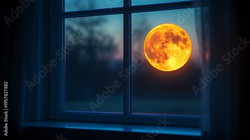 Glowing full moon through window at night