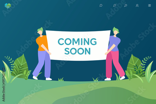 Two people holding a banner announcing coming soon in a flat design