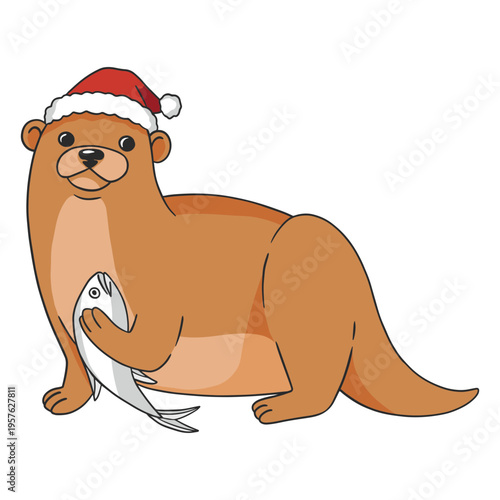 Otter wearing a santa hat and holding a fish