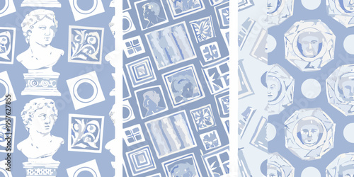Blue and white wallpaper featuring classical busts and framed portraits