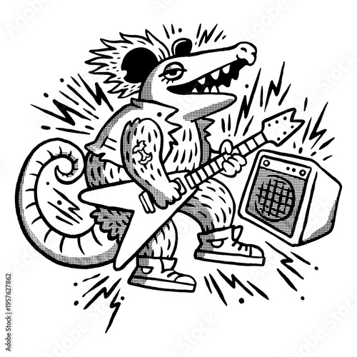 Black and white drawing of a rat playing a guitar