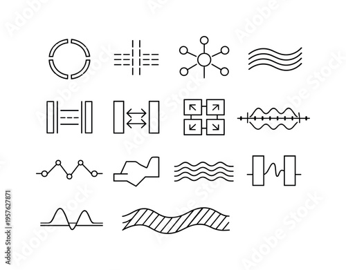 Line style vector icons of road marking symbols: interval ring, rhythm band, propagation node, frequency band, phase bar,